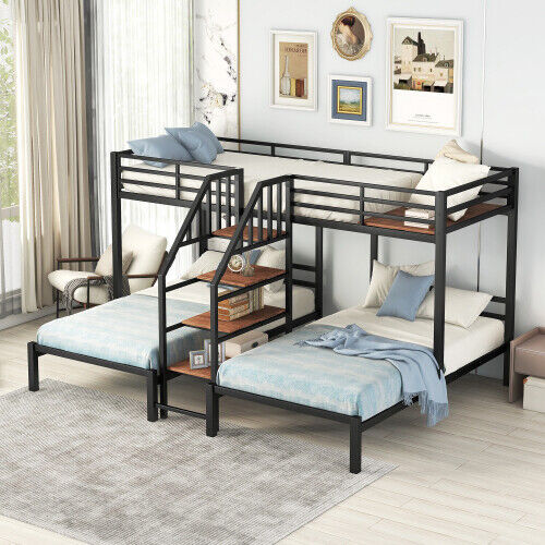 L-Shaped Triple Bunk Bed with Stairs, Metal Twin Over Twin & Twin Bunk Bed