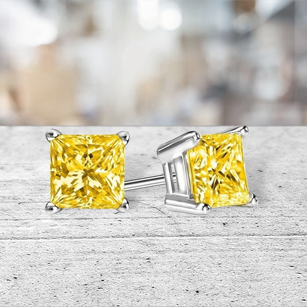2 ct. Genuine Canary Yellow Sapphire Princess Stud Earrings in Sterling Silver
