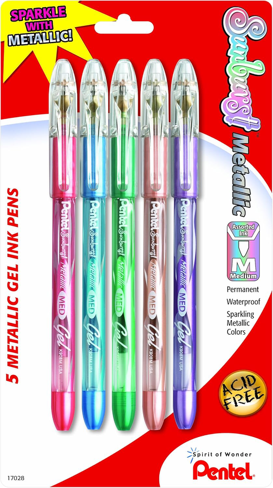 Pentel Metallic Gel Pens, Medium Point, Assorted Ink, 5 Pack