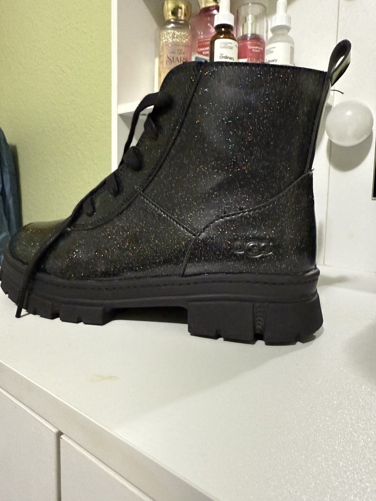 UGG  Ashton Lace Up Black Glitter Coated Synthetic Boots Size 4 USA