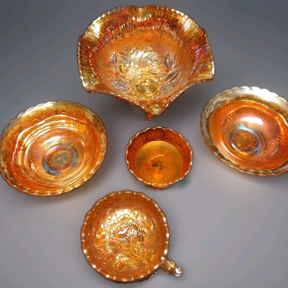 5 Vintage Carnival Glass Pieces - Fenton, Indiana, Marigold Amber Grape Harvest
