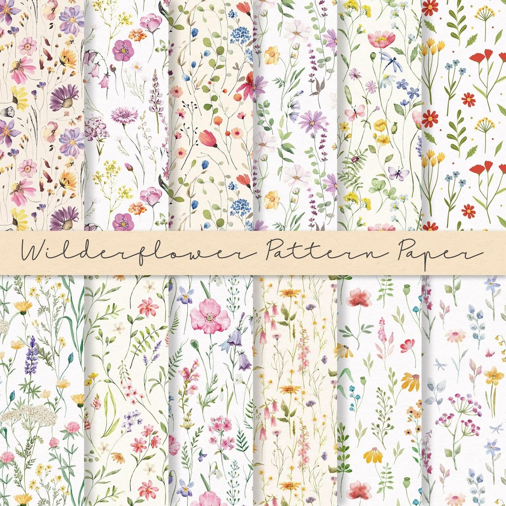 24 Sheets Wildflower Pattern Paper Spring Scrapbook Specialty Paper Watercolo...