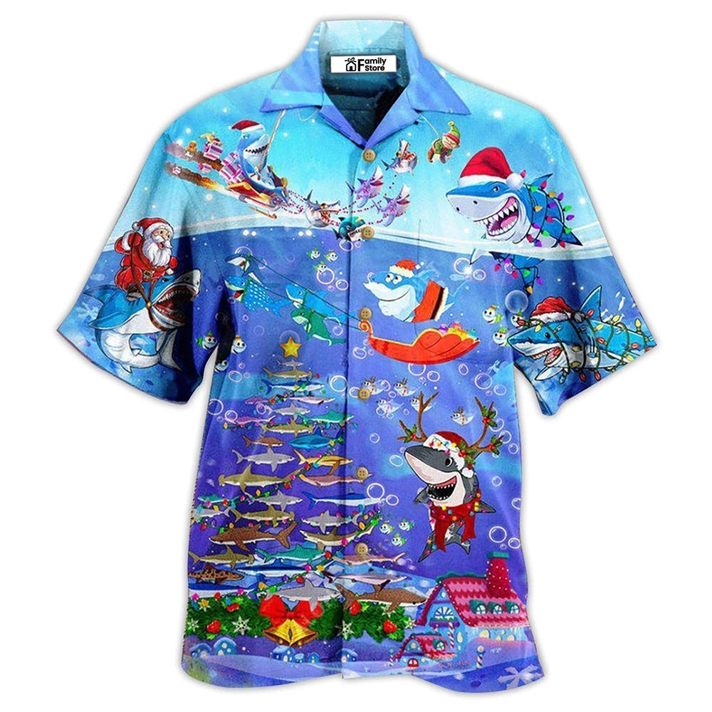 Shark Christmas Santa Sits On Rockets And Brings Gifts To Ocean Hawaiian Shirt