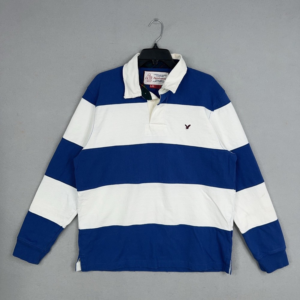 American Eagle Shirt Mens Large Blue White Striped Rugby Preppy 90s Y2K AE Sport