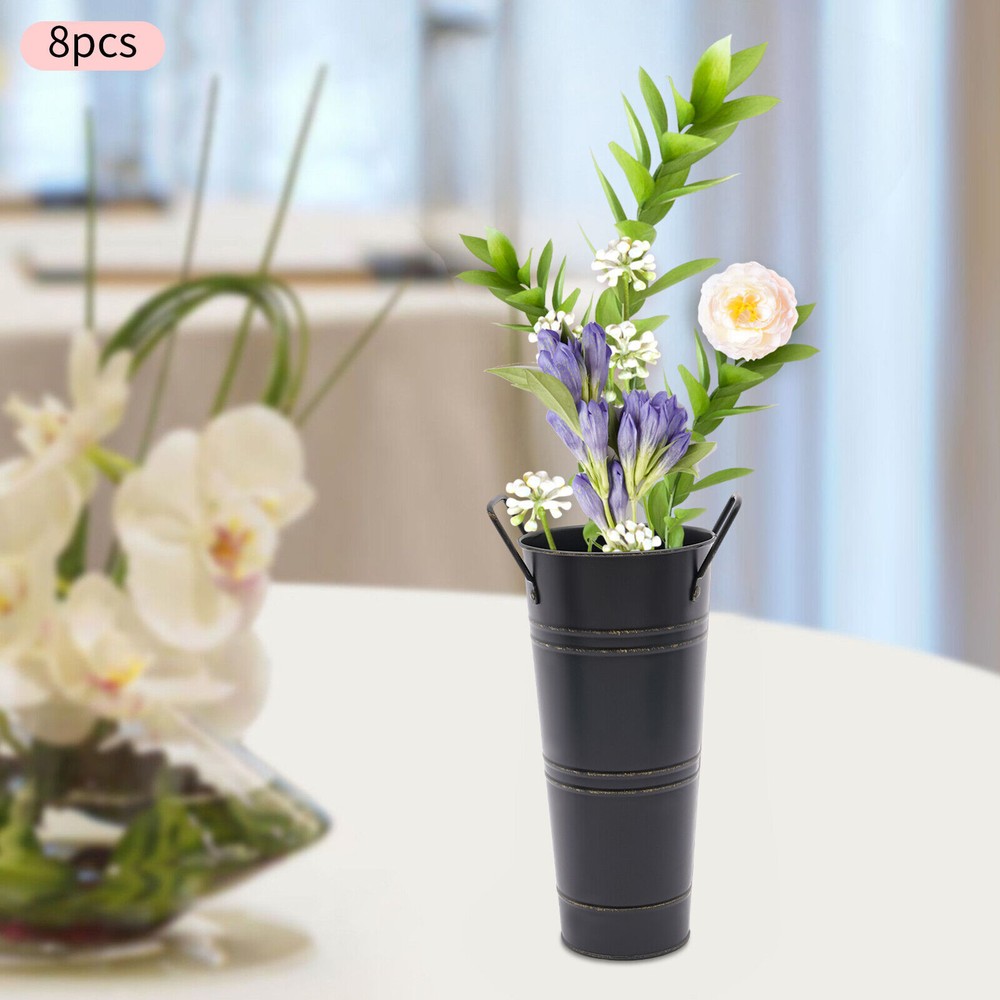 8PCS Galvanized Metal Vases Flower Bucket Vases, Black Flower Vases for Bouquet