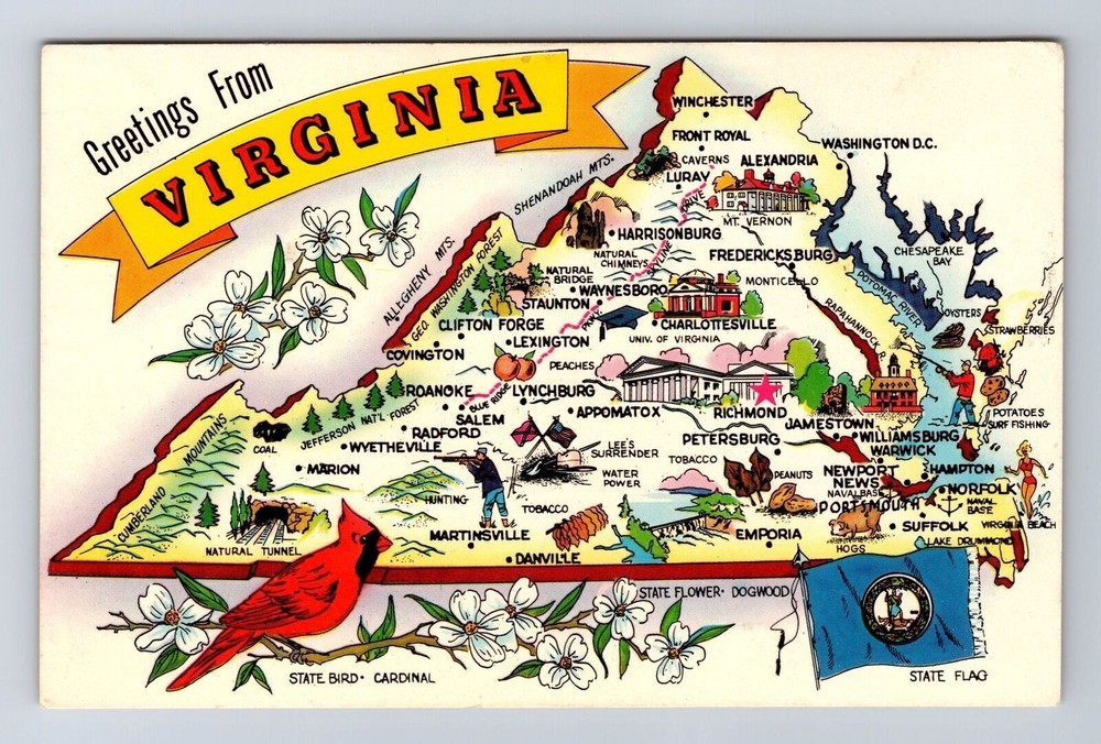 VA-Virginia, General Map Greetings, Points of Interest, Vintage History Postcard