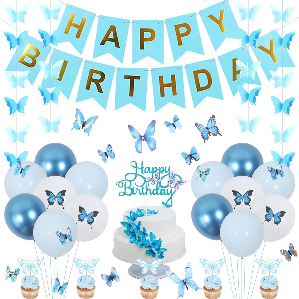 Wonmelody Light Blue Butterfly Balloon Garland for Birthday Party Decorations
