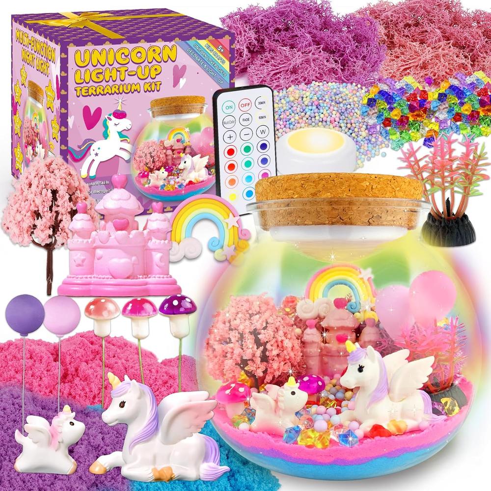 Unicorn Terrarium Crafts Kit for Kids-Led Night Light up & Remote Unicorn Birthd