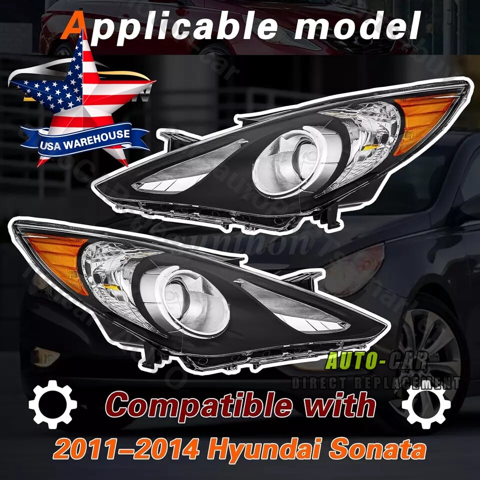 For 2011-2014 Hyundai Sonata Projector Headlights Assembly Pair Black Housing