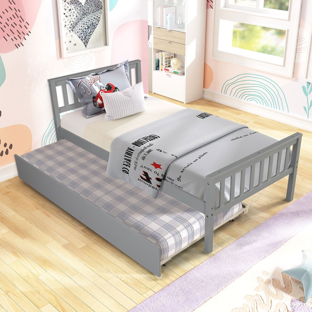 Twin Size Platform Bed Frame w/Trundle Modern Wood Bed Frame Bedroom Furniture