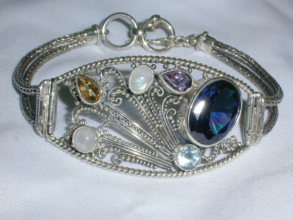 STUNNING~BALI BOLD STERLING SILVER GEMSTONE BRACELET- 7 3/4