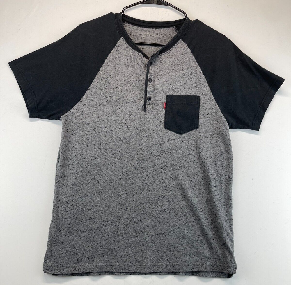 Levi's T-Shirt - Mens (See Measurements) - Gray & Black Henley (1910)