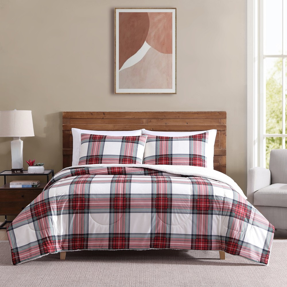 Red Tartan Plaid 3-Piece Comforter Set for Full/Queen Beds