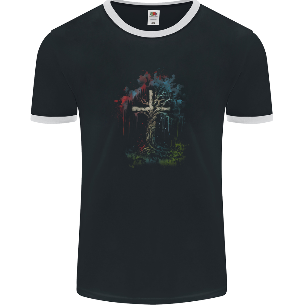 Gothic Tree Christian Cross Mens Ringer Tee by FotL