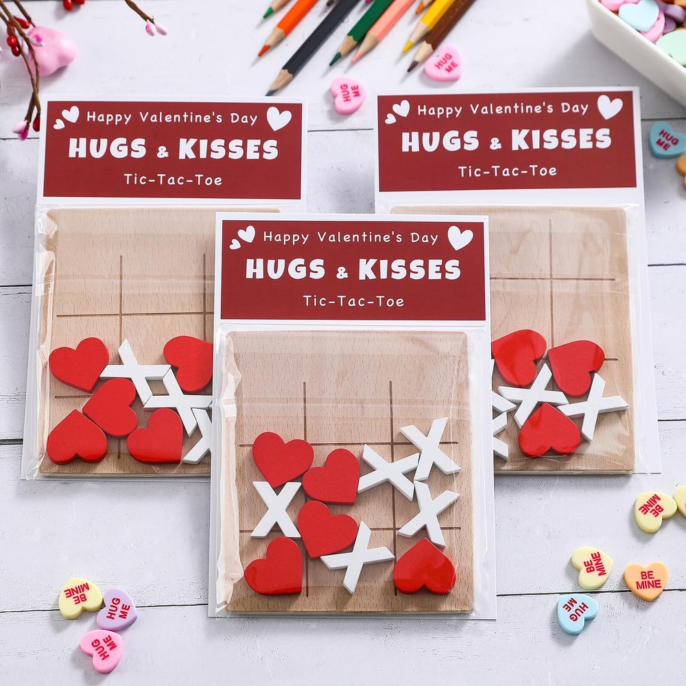 Valentines Day Gifts for Kids 12 Pack Cards and Wooden Tic Tac Toe Game  