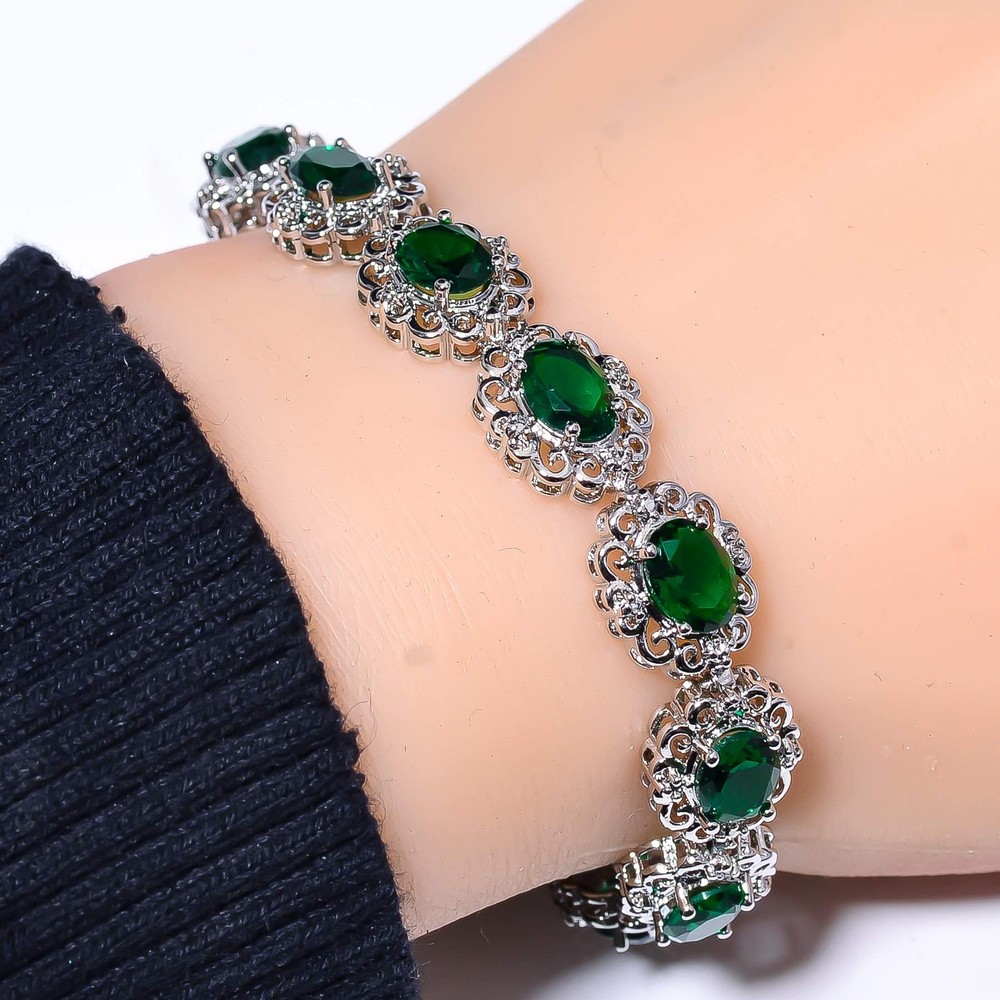 Tsavorite & Cubic Zirconia 925 Sterling Silver Tennis Bracelet 7.99