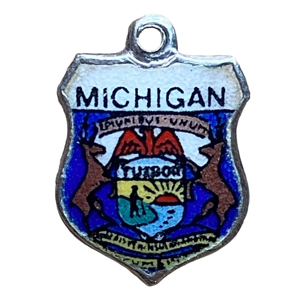 Vintage silver MICHIGAN STATE CAPITOL FLAG SOUVENIR TRAVEL SHIELD charm #1169