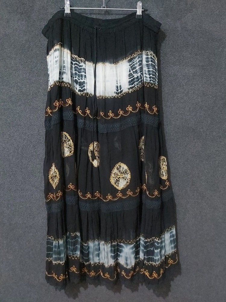 Boho Black Embroidered Lace Skirt with Tie Waist in Rayon