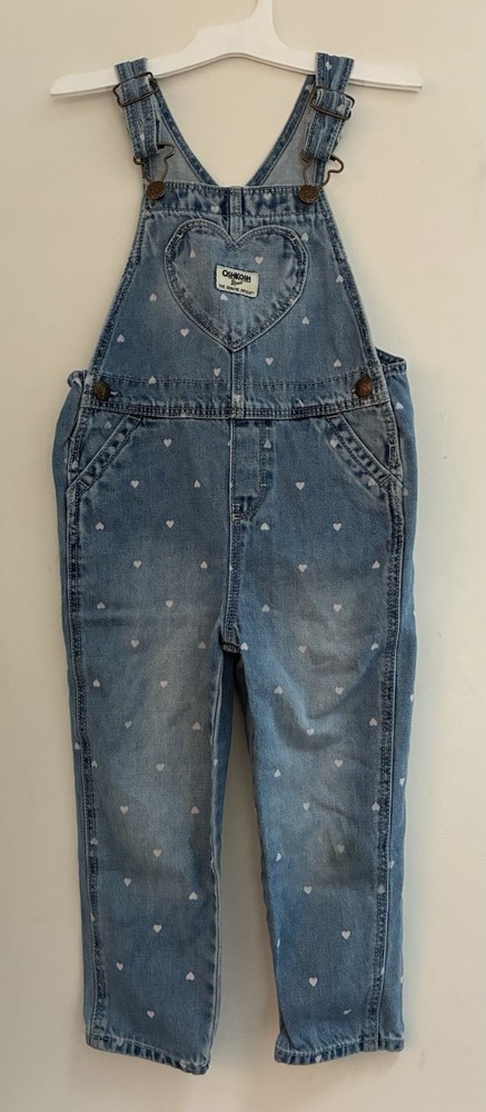 OshKosh B'Gosh Toddler Girls Heart Print Adjustable Strap Denim Overalls Blue 4T