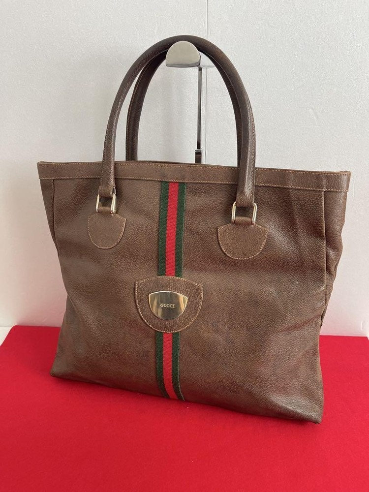Gucci Vintage Sherry Line Large Brown Leather Tote Bag with Double Handles for Women