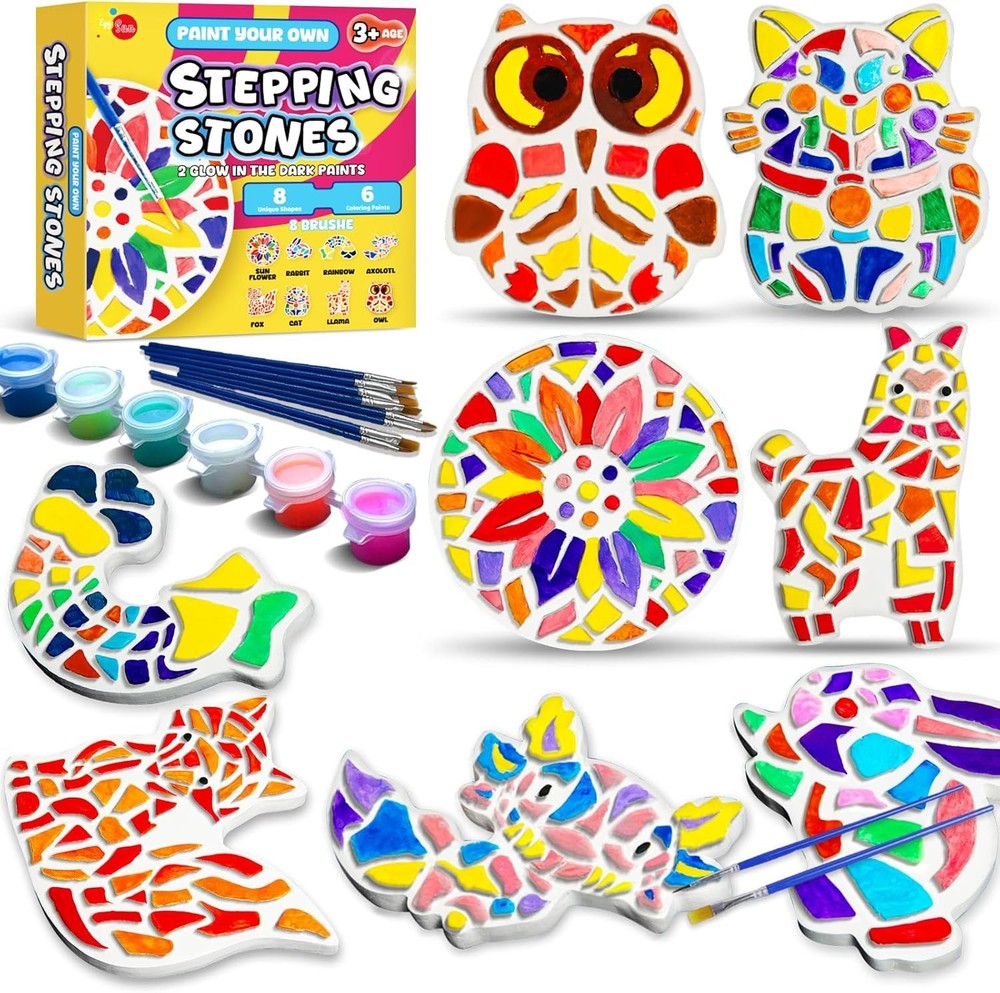 EggSun 8Pcs Stepping Stones Painting Craft Kit for Kids 4 8 6, DIY Garden Stones