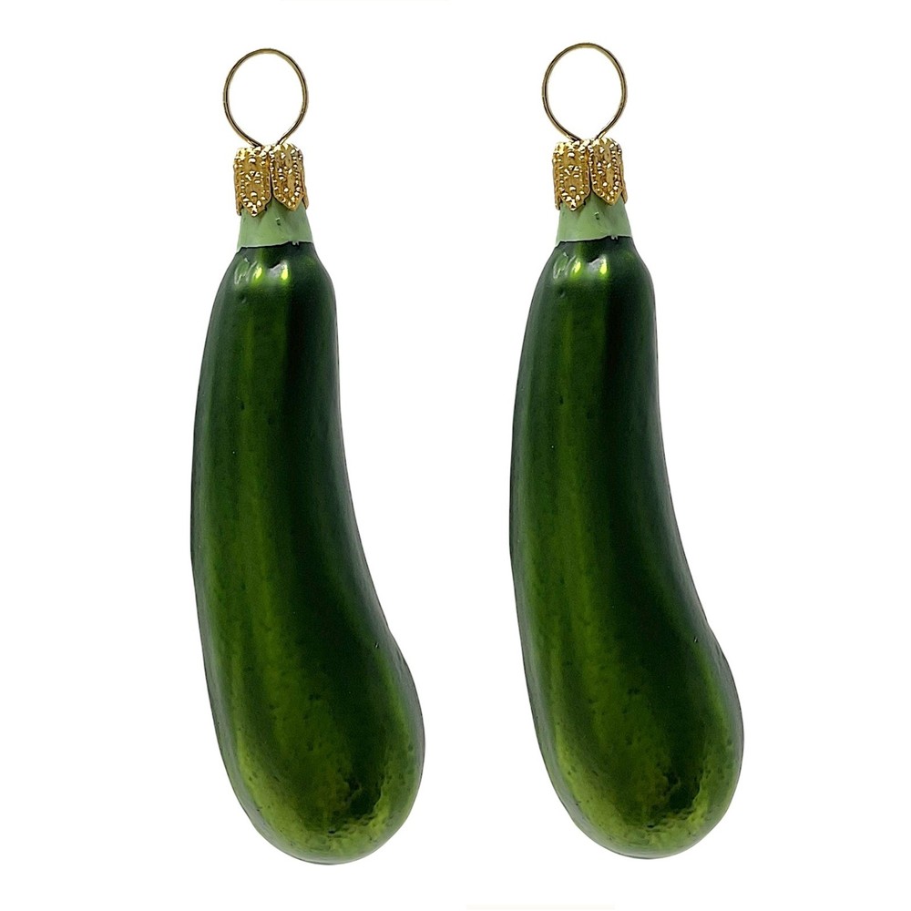 Green Zucchini Squash Polish Glass Christmas Ornament Fruit Vegetable Set of 2