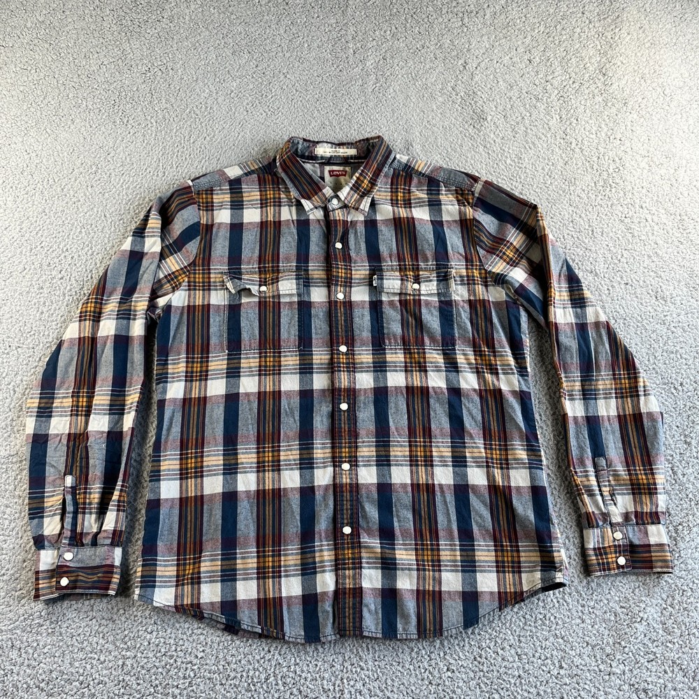 Levi's Shirt Mens Extra Large Blue White Plaid Button Up Modern Fit Pearl Snap