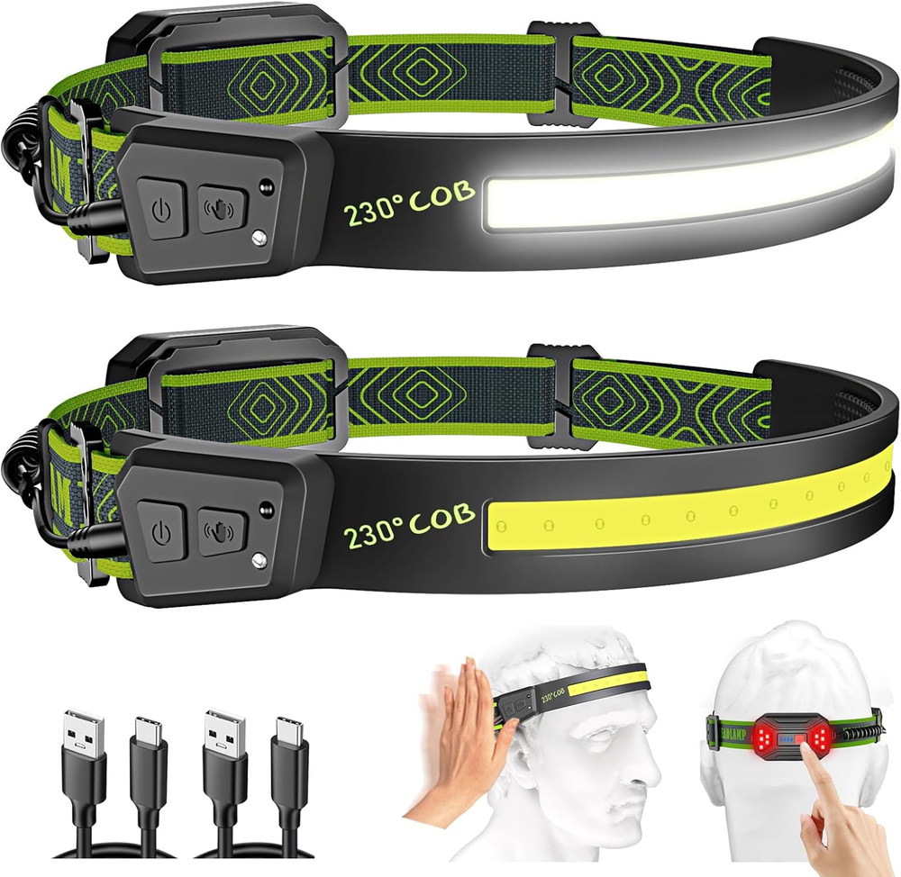 Super Bright 230° COB LED Headlamp 2-Pack Rechargeable Wide Beam Light