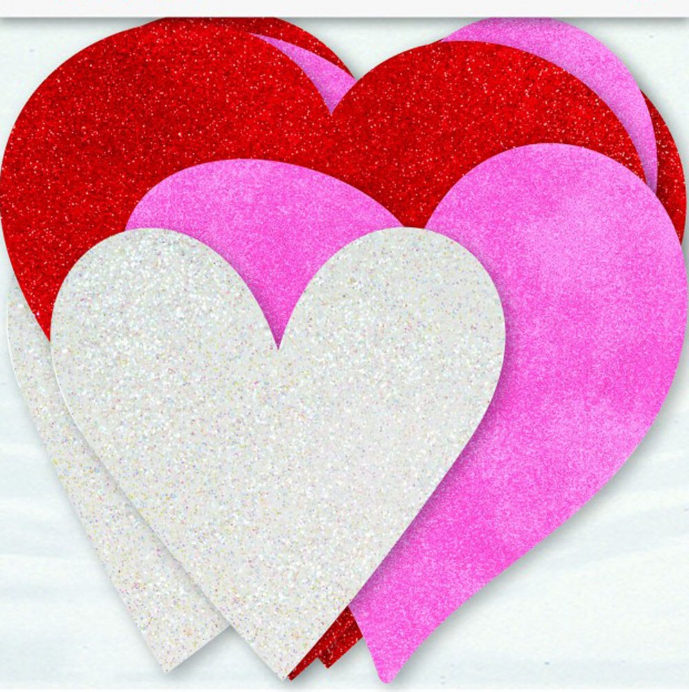 Valentines Heart Decorations Pink Red White Glitter Cutouts Set of 6