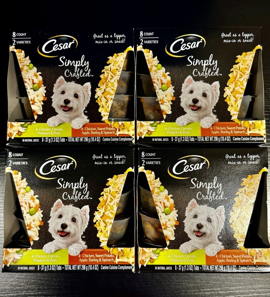 4 Pack Cesar Simply Crafted Wet Dog Food Variety Pack 1.3 Oz Tubs. 32 Tubs Total