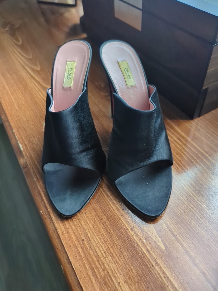 Prada Black Silk Slipper Heels in Size 36.5