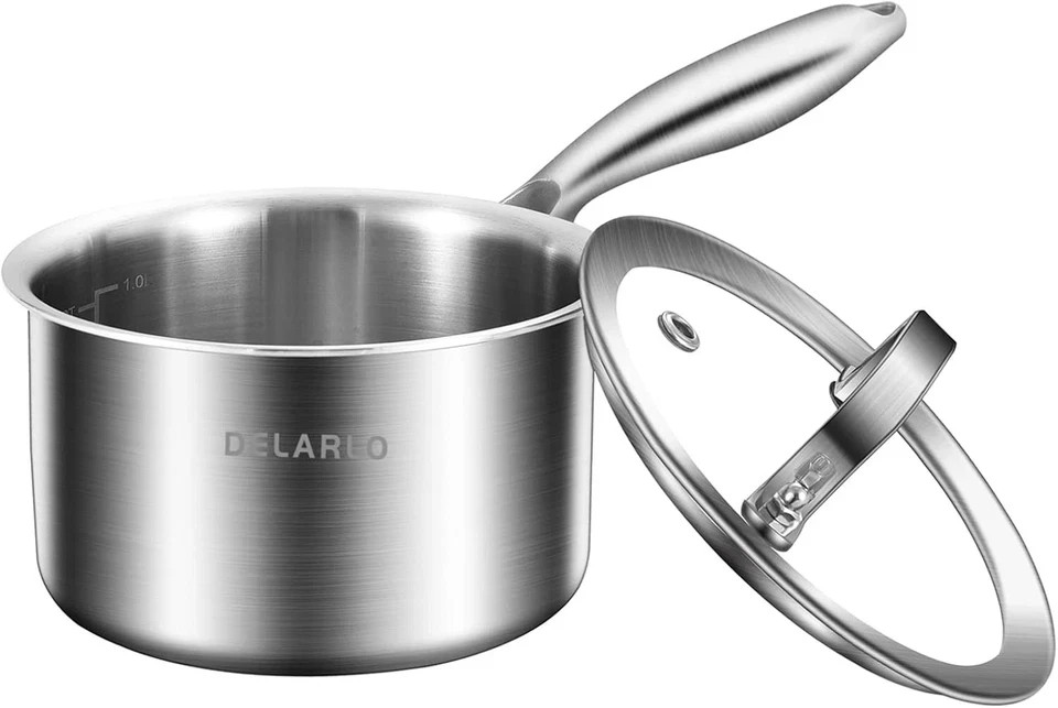 DELARLO Tri-Ply Stainless Steel 1 Quart Saucepan with Lid, Compatible 1.0QT