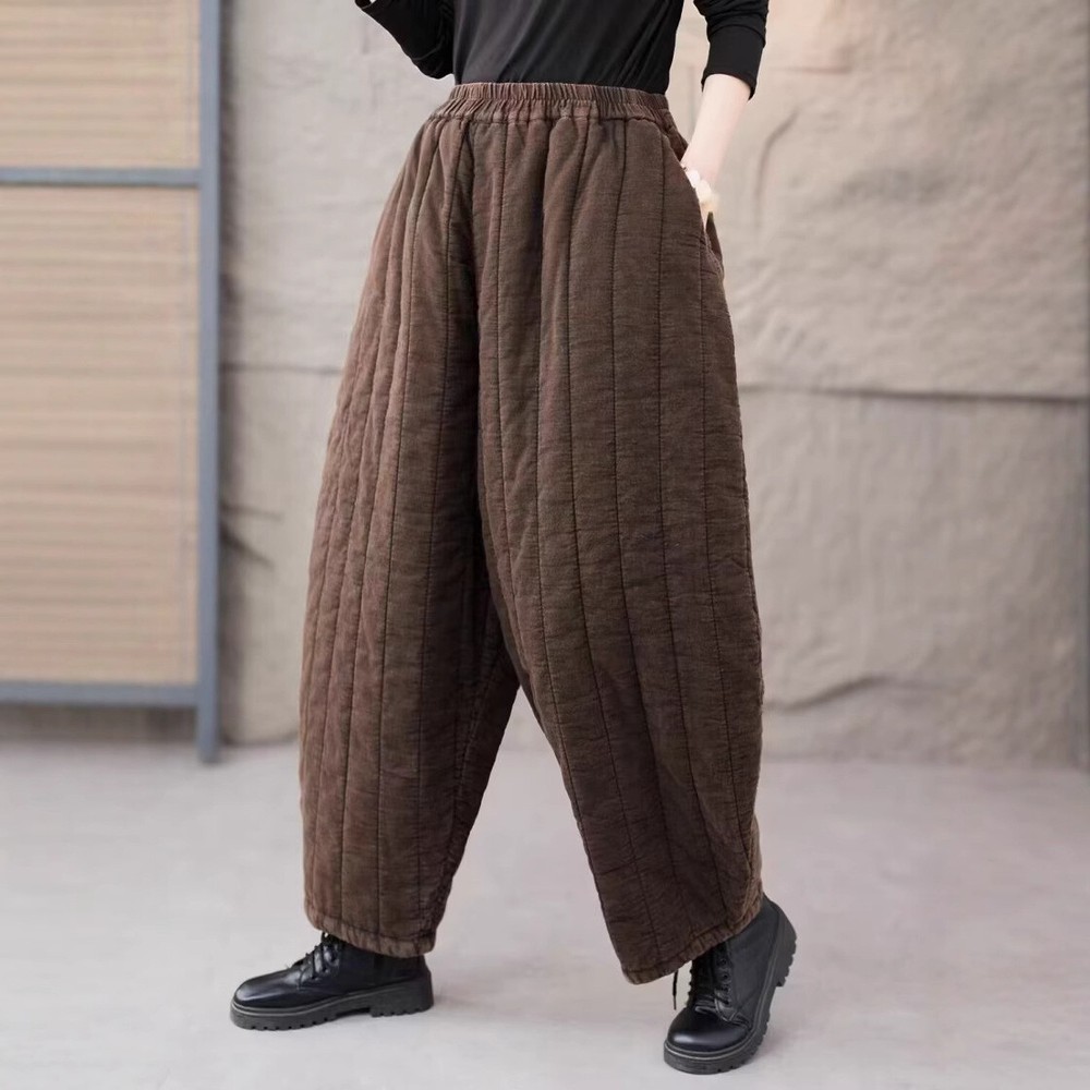 Retro Style Women Harem Pants Loose Fit Cotton Linen Quilted Ankle Length Padded