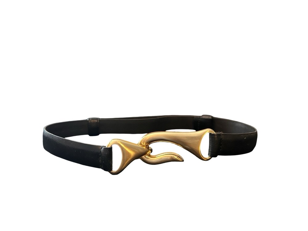 Chico's Black Leather Belt Sculptural Gold Hook Buckle Women Size S/M Adjustable