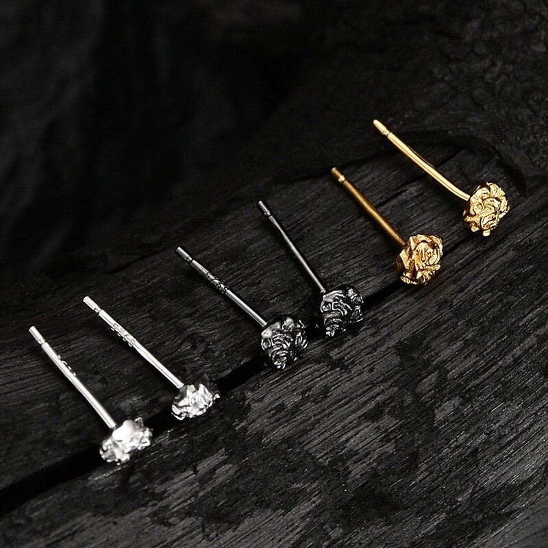 Mini 3 PAIR PUNK Men Women 925 Sterling Silver Stud Earrings 4MM Textured Flower