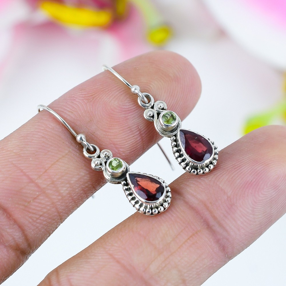 Natural Garnet Peridot Gemstone 925 Sterling Silver Earrings 1.25 Inches