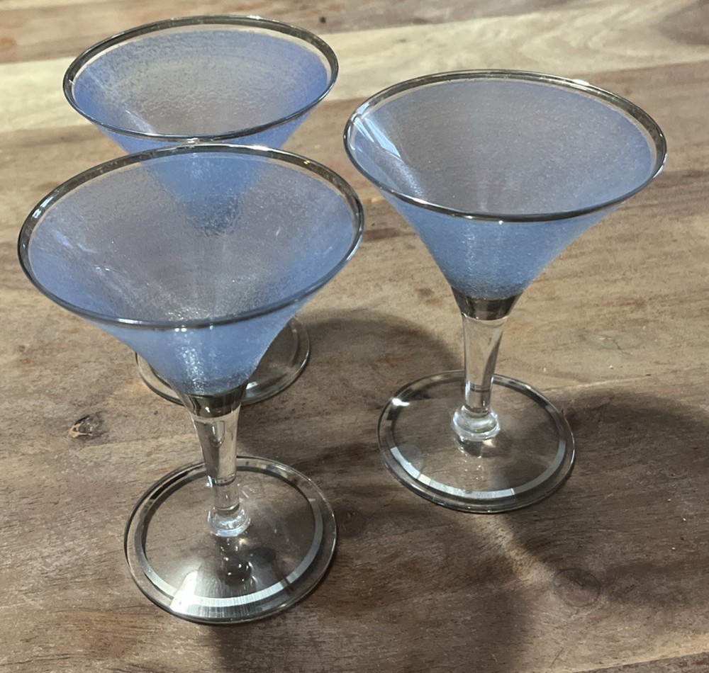 Vintage Blue Frosted Martini Glasses with Silver Rims - Set of 3