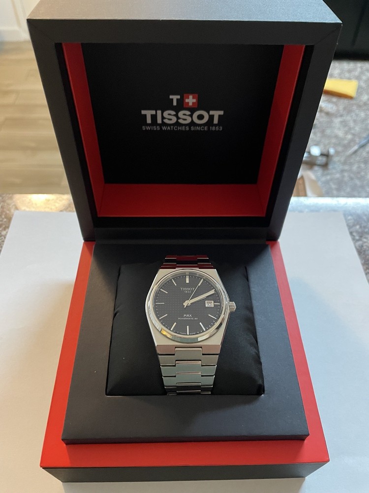 Tissot PRX Powermatic 80 Black Dial Grey Strap Mens Watch 40mm