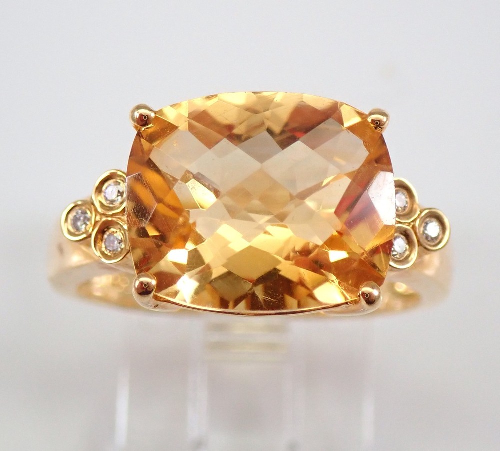 14K Yellow Gold Cushion Cut Citrine and Diamond Engagement Ring Band