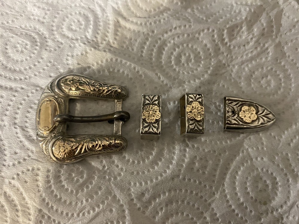 Vintage 10k Gold and Sterling Silver Belt Buckle NELSON BRINGHOFF NB 4 Pieces