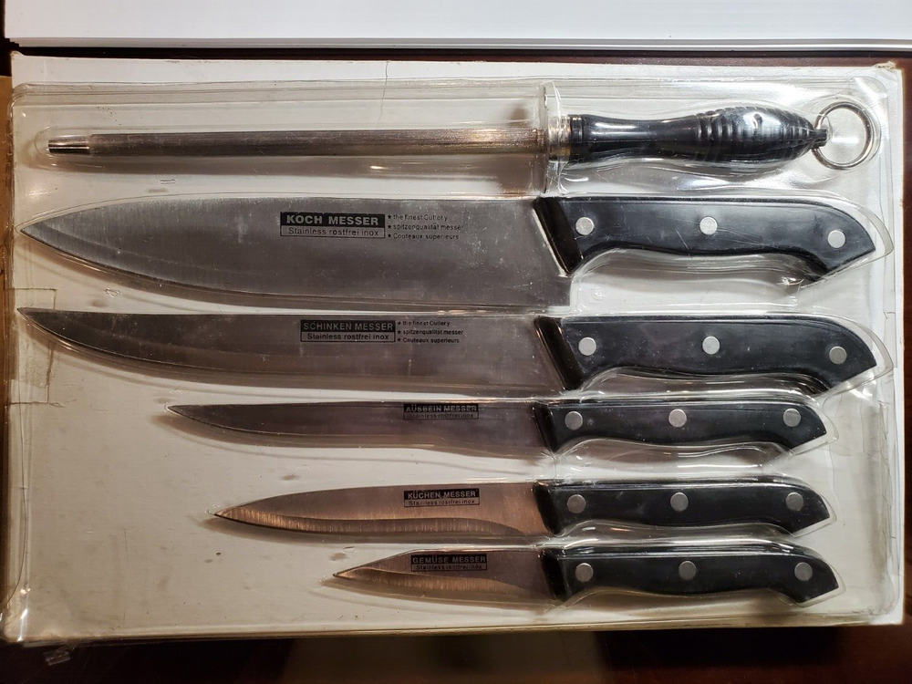 Messer Stainless Rostfrei Inox 6 Pc Kitchen Knife Set w Sharpener Full Tang