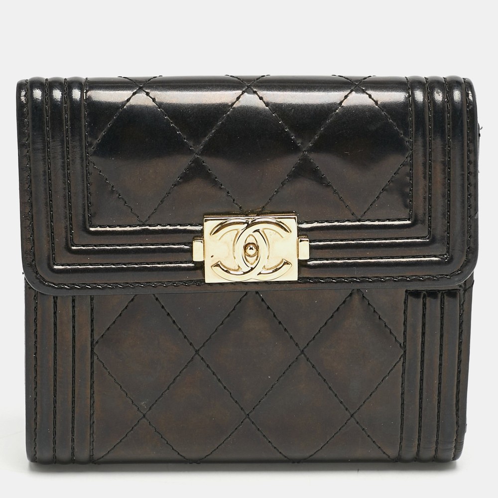 Chanel Black Quilted Patent Leather Boy Compact Wallet
