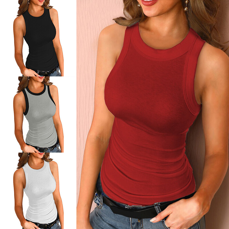 Women Cloth Solid Color Sleeveless Round Neck Vest Inner Top Close-Fitting