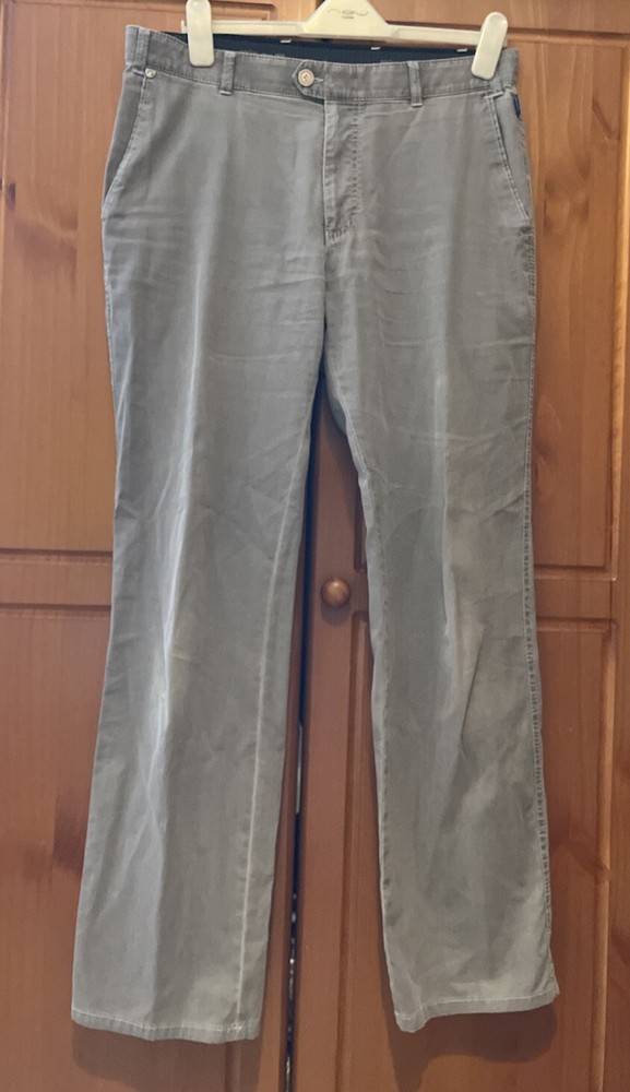 Pantalones de mezclilla chinos Bruhl grises a rayas de lona elástica cintura alta W36 L32