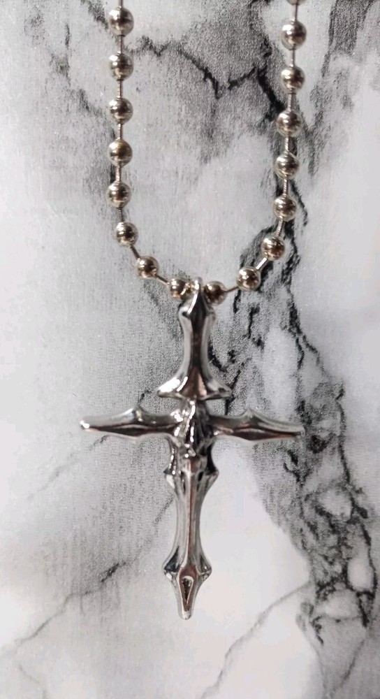 Exclusively Steel Bead Ball Necklace With Gothic Skull Cross Pendant