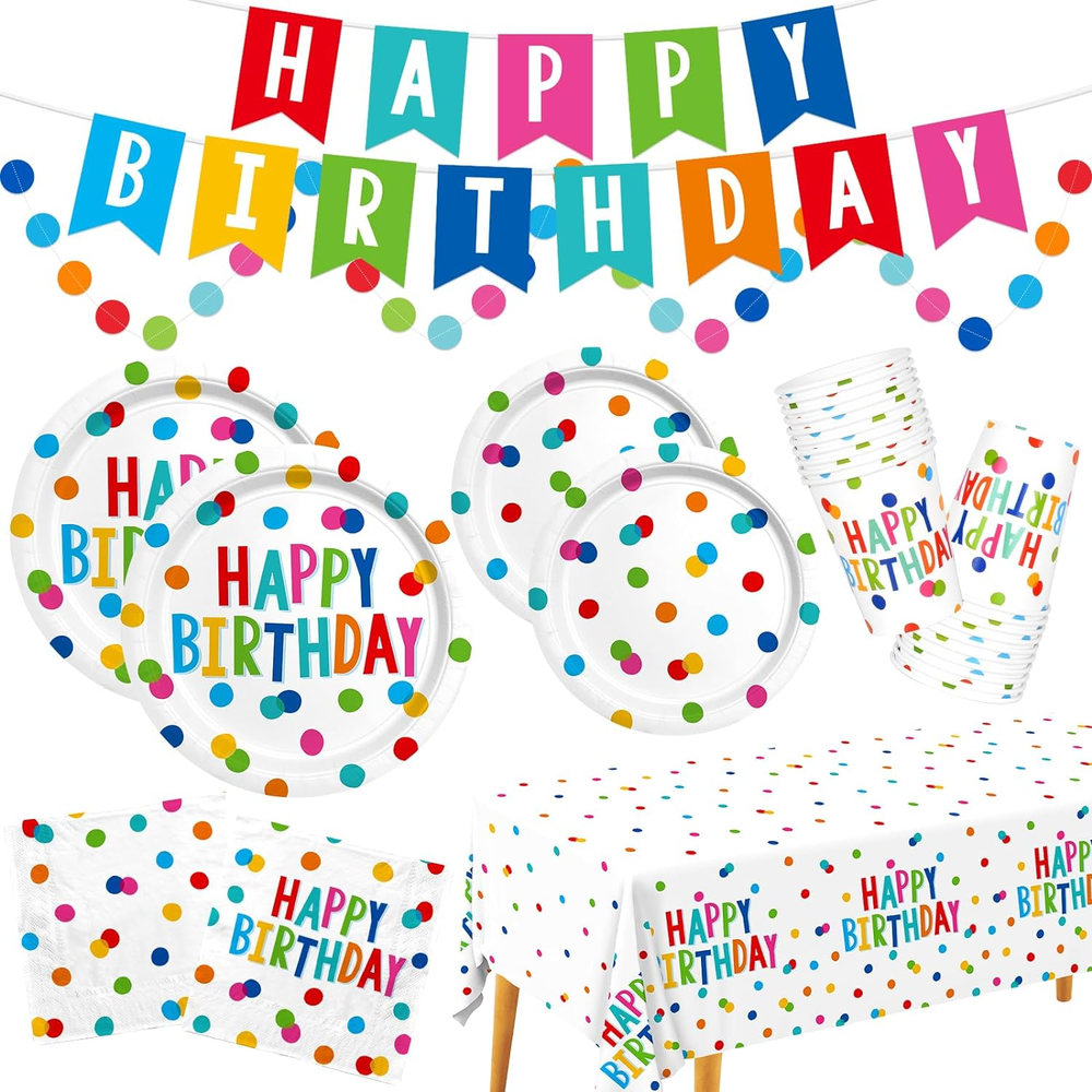 Happy Birthday Decorations: Happy Birthday Party Supplies Set with Birthday Dots