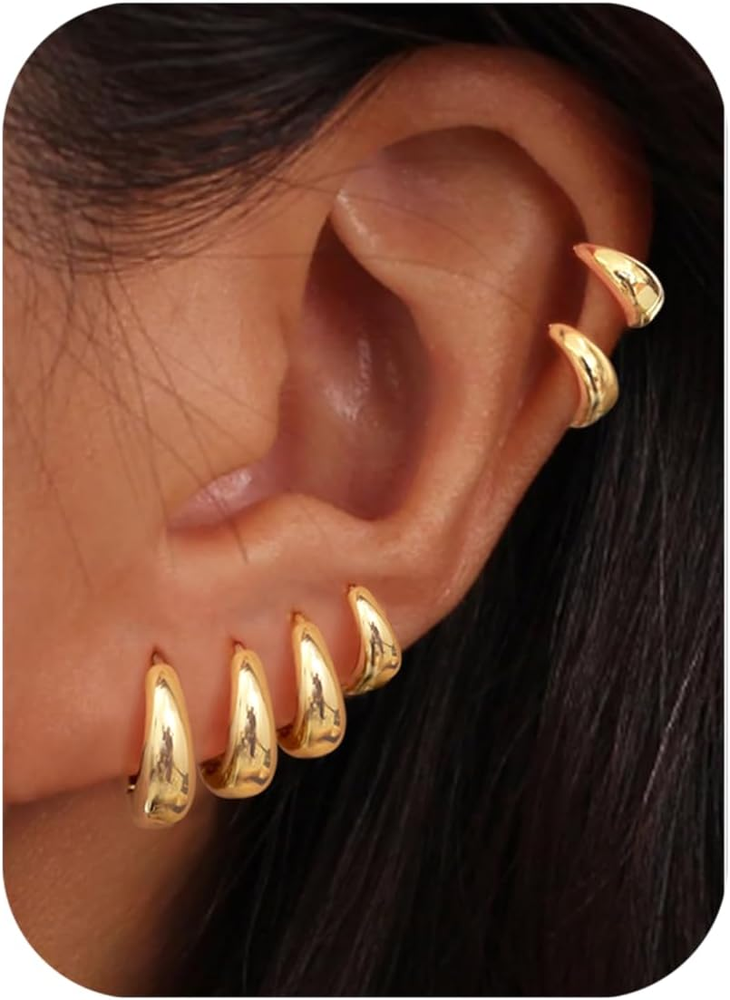 6Pairs Small Chunky Gold Hoop Earrings for Women 14K Gold Silver Huggie Hoops Ea