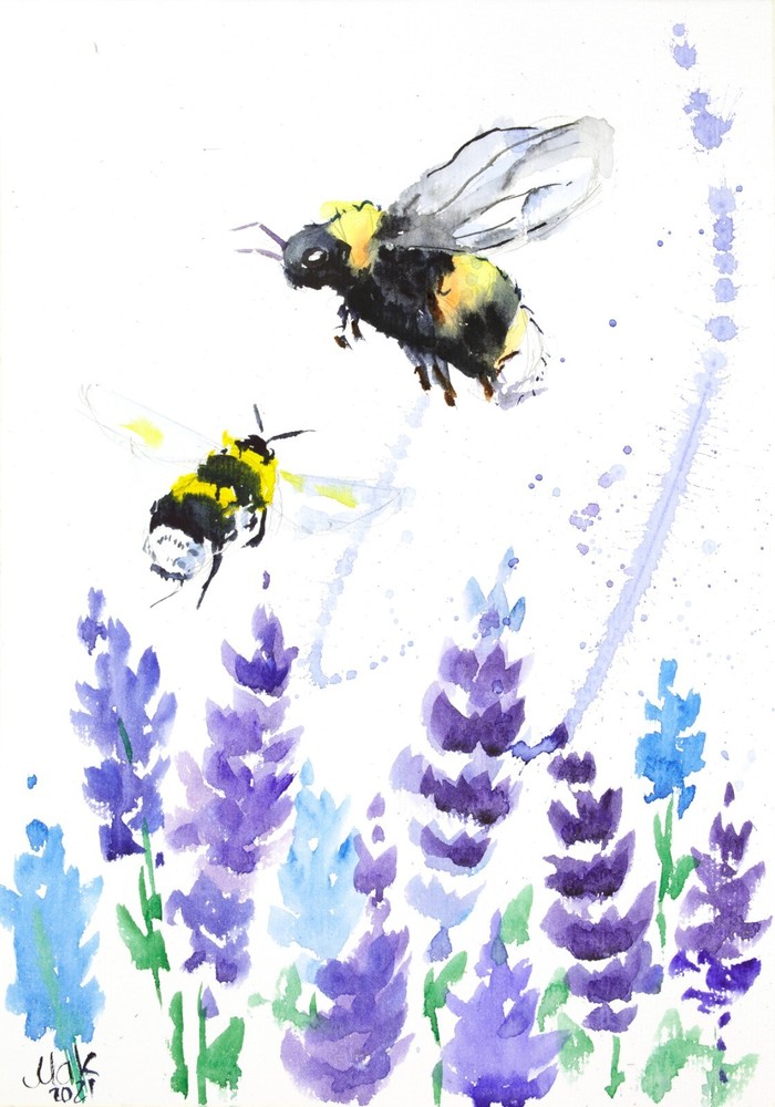 Bee Lavender Painting Honey Bee Original Watercolor Flower Wall Art Floral Decor