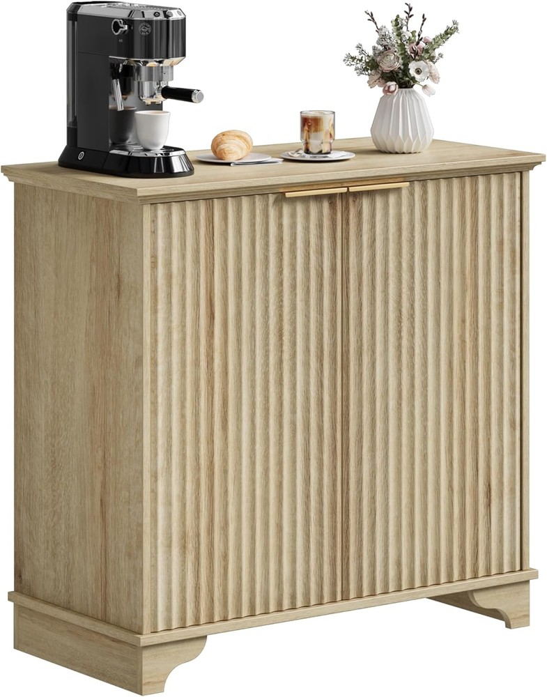 Coffee Bar Cabinet, Modern Farmhouse Kitchen Storage Cabinet with Fluted Doors