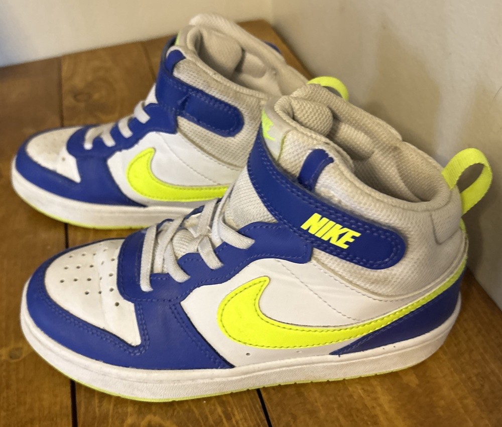 Nike Kids Court Borough Mid 2 Size 1.5Y HJ9243-488 White Blue Yellow